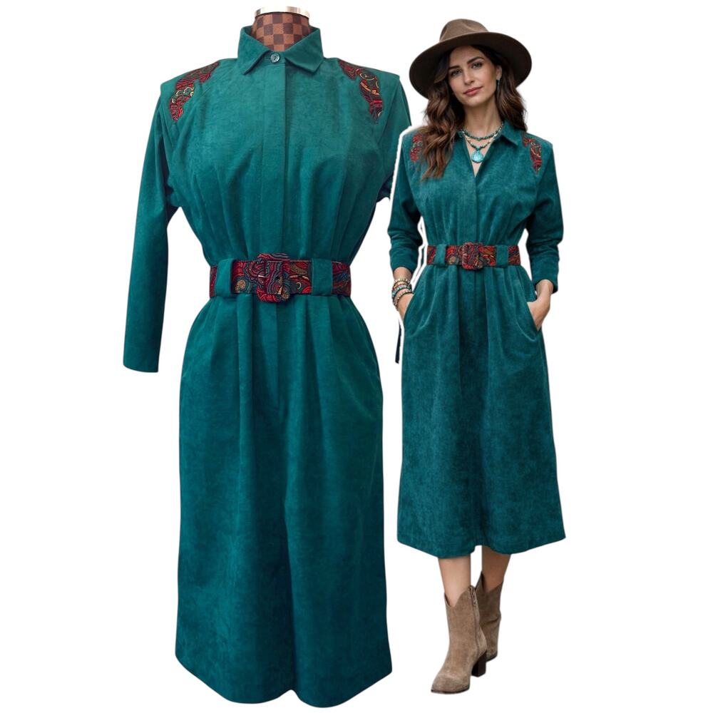 Vtg 80s Teal Shirt Dress Size 12 Midi Paisley Western Boho Belted Prairiecore